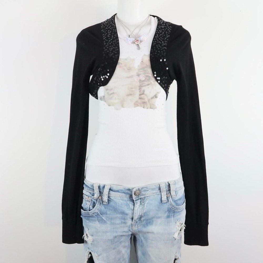 y2k black sequin cropped cardigan bolero sweater